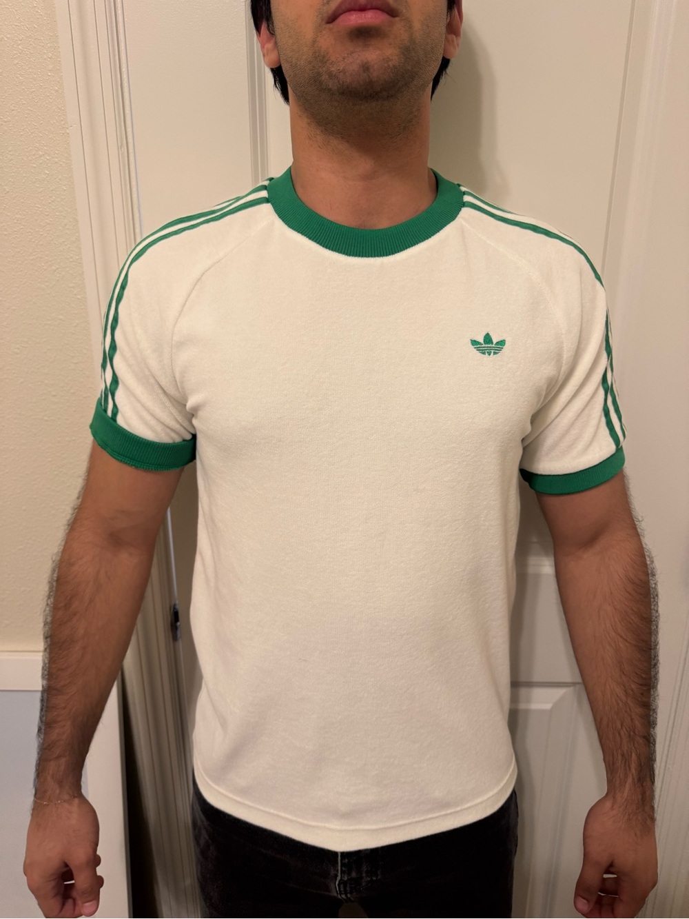 adidas White Tee with Green Trim and Trefoil Logo